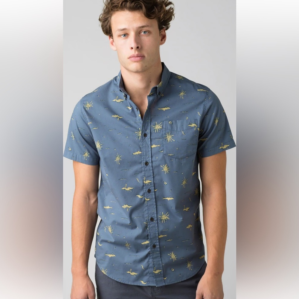 Prana Blue Short-Sleeve Button-Down Shirt with Yellow Print